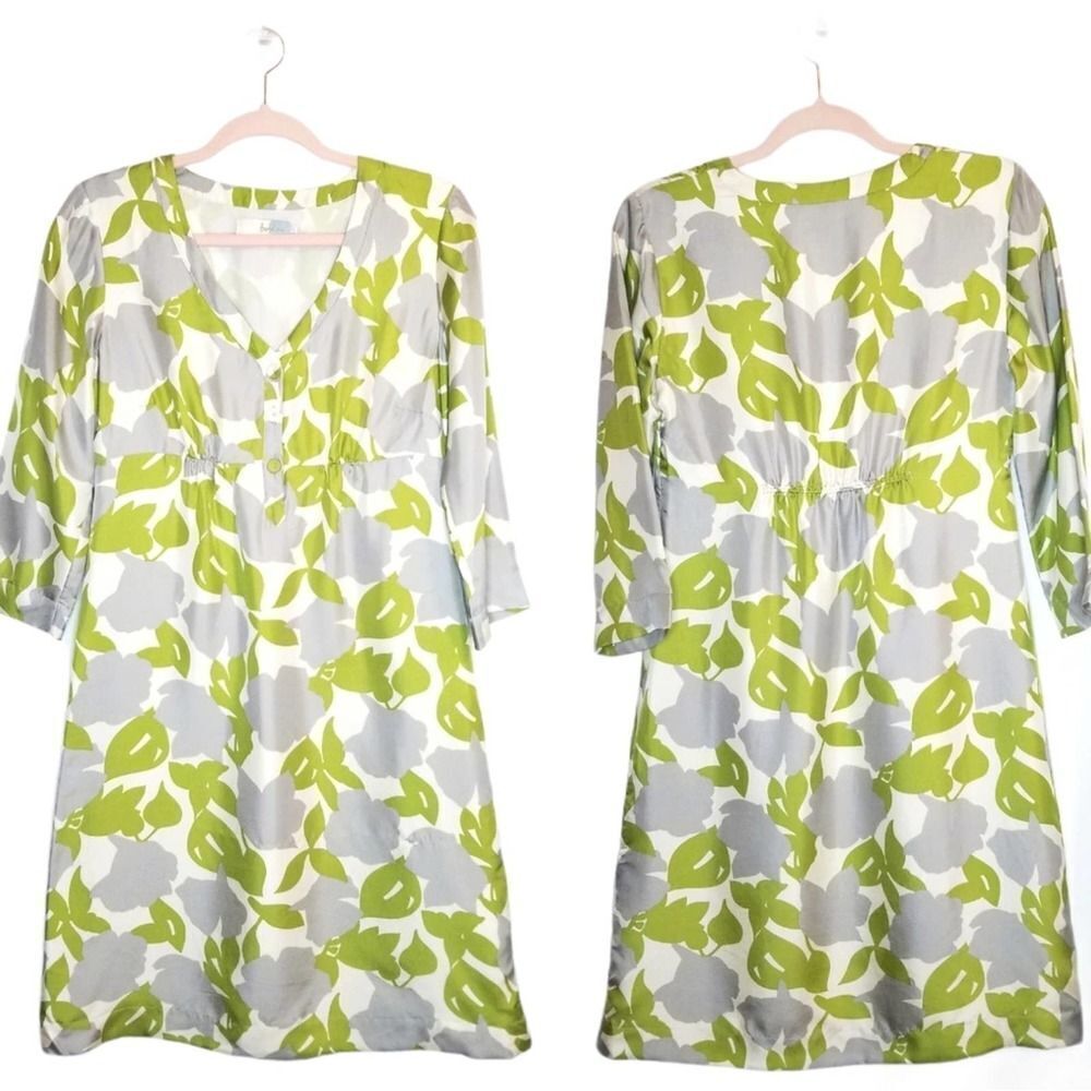 Boden Light Green and Gray Silk Floral V-Neck 3/4 Sleeve Dress